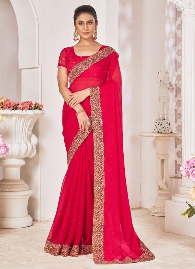 Chiffon Hot Pink Wedding Wear Swarovski Work Saree